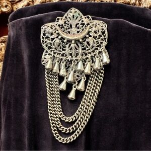 Victorian Filigree Pin W/Hanging Chains & Dangles | Statement Brooch | Boho
